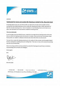 A letter from SWS, a company specialized in Commercial Cleaning and Exterior Cleaning, to a customer.
