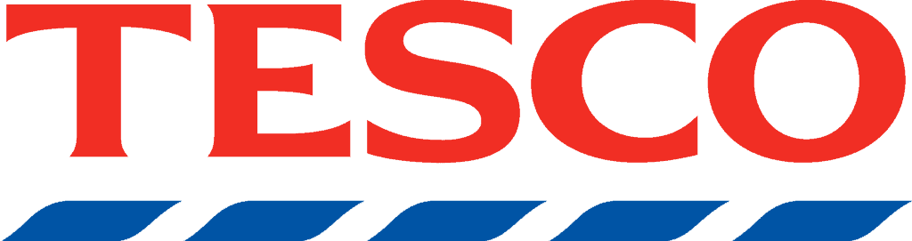 The Tesco logo featuring blue and red stripes boasts a visually stunning display.