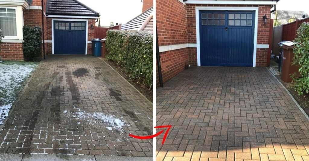 Two pictures of a driveway with snow and ice on it, showcasing the need for exterior cleaning during winter.