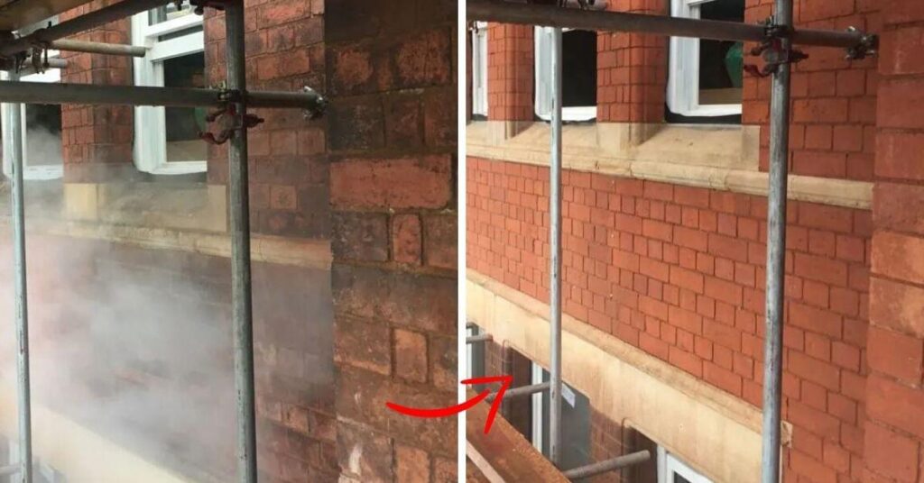 Two pictures showcasing a building undergoing exterior cleaning with steam.