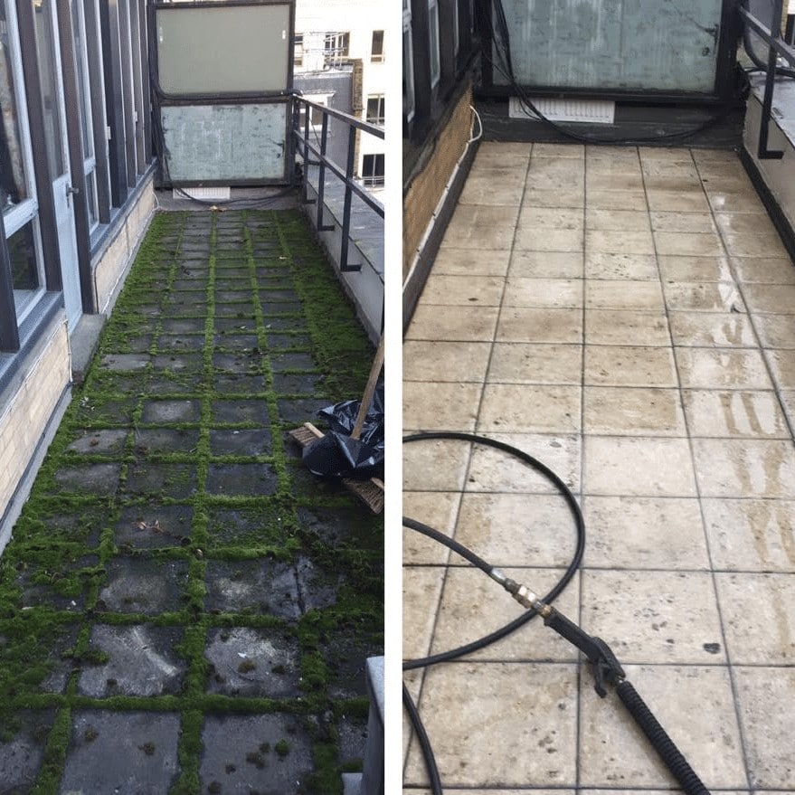 Two pictures of a mossy balcony before and after cleaning.
