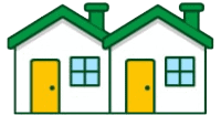 Two houses with green doors and yellow windows requiring exterior cleaning.