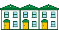 Three houses with green doors and yellow windows requiring exterior cleaning.