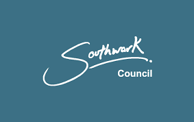 Southwark council logo with a blue background.