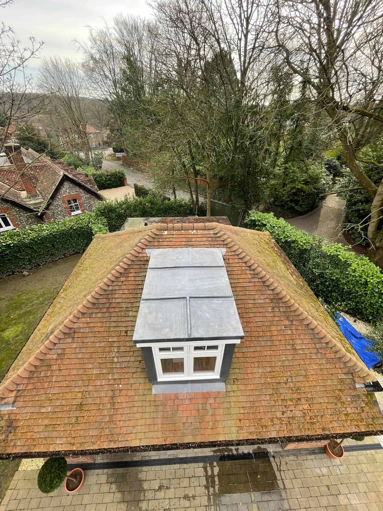 A roof of a house with trees and bushes in London, requiring roof cleaning.