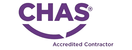 The image shows the CHAS logo in purple. The large word “CHAS” has a curved line beneath it, forming a smile shape. Beside the logo, it says “Accredited Contractor” in smaller purple letters below the curve.