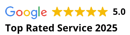 Image shows the Google logo, five yellow stars, and the text "5.0 Top Rated Service 2025" in bold black letters, indicating a perfect 5-star Google review and recognition for top service in 2025.